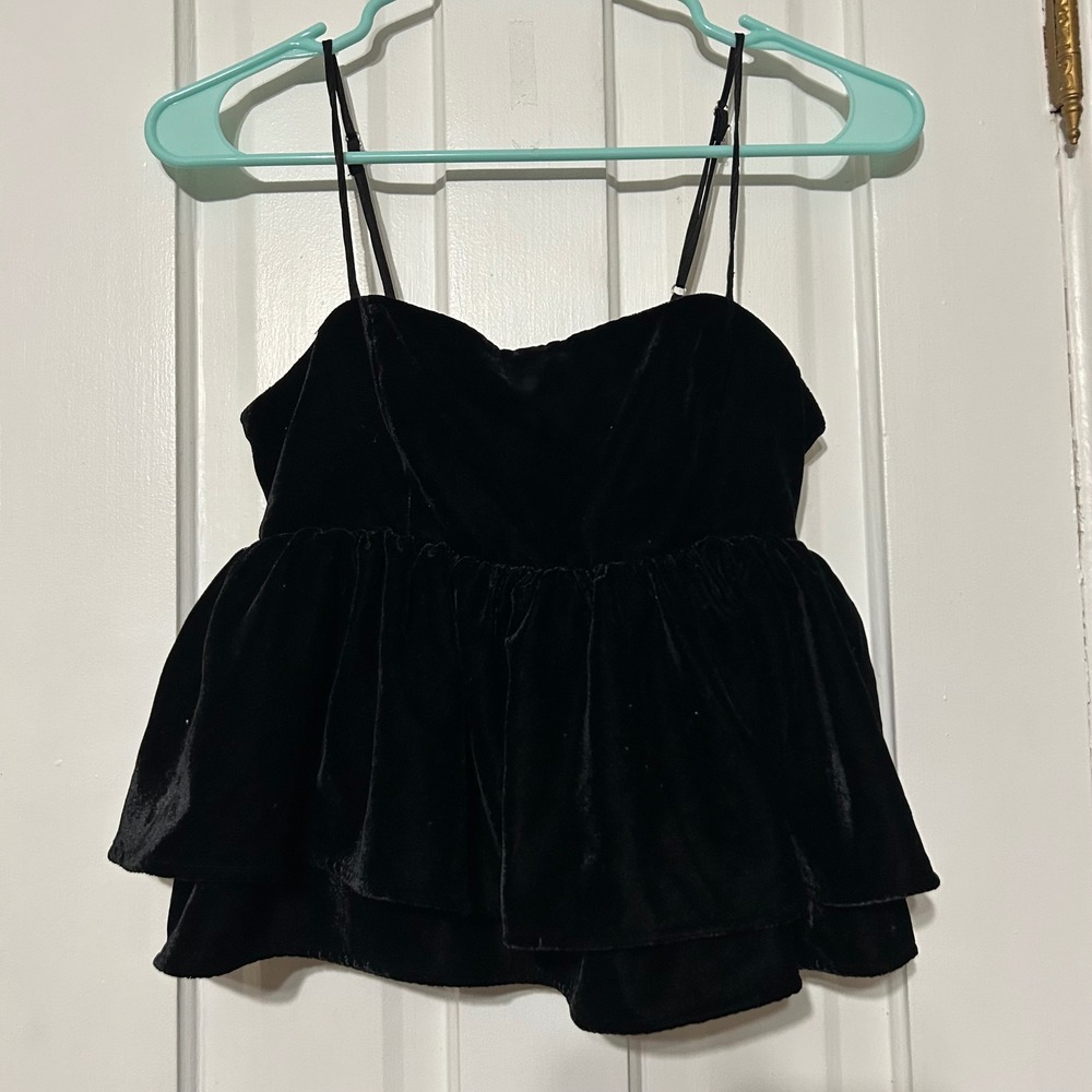 Urban Outfitters Black Velvet Peplum Camisole Top XS Smocked Bust Ruffle Tiered